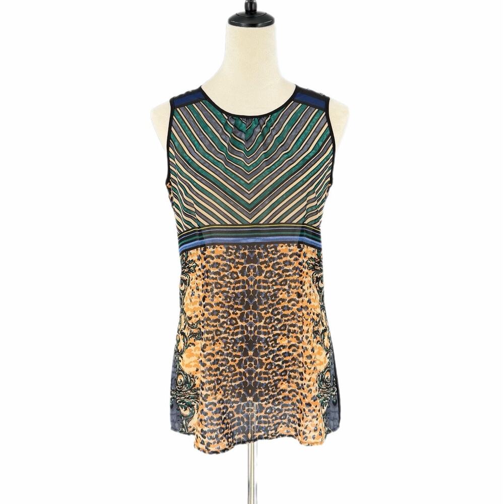 Cabi NEW 565 Black Multicolor Animal Print Sheer Eclectic Striped Tunic Blouse